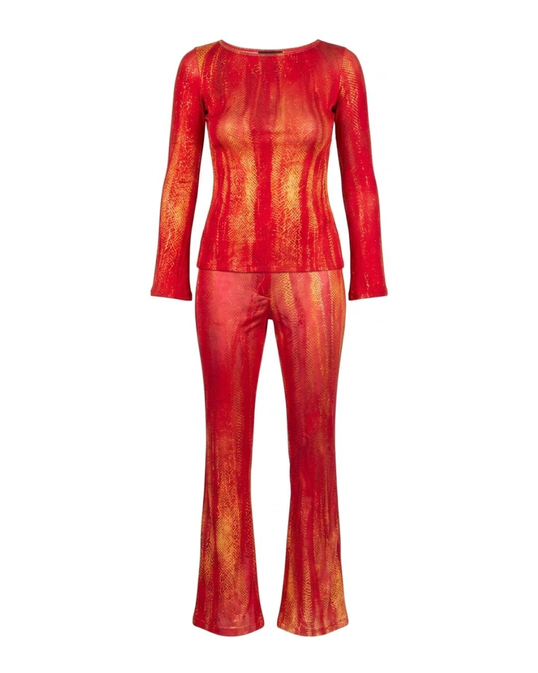 Roberto Cavalli Class Circa 2001 Fire Python Red & Orange Print Top & Trousers Set