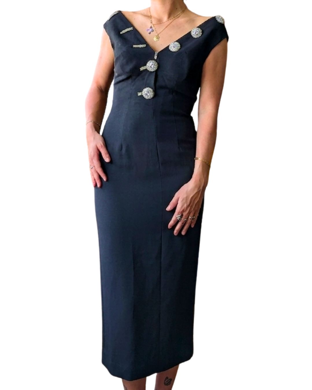Gai Mattiolo Couture Late 1990s Black Crystal-Button Bodycon Midi Dress