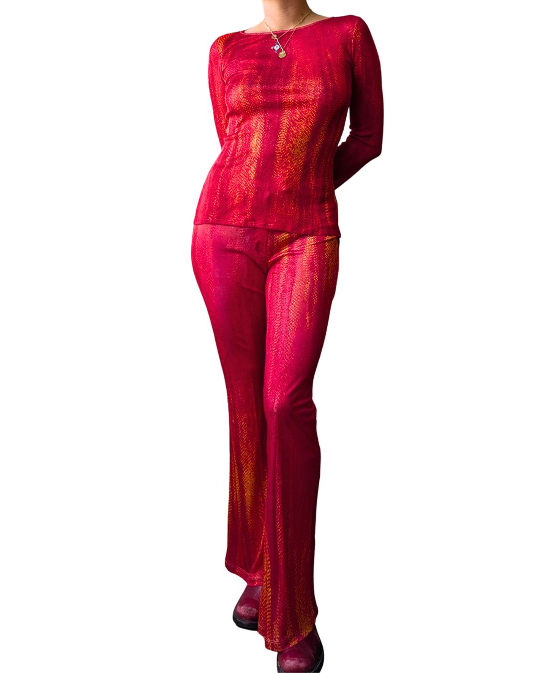 Roberto Cavalli Class Circa 2001 Fire Python Red & Orange Print Top & Trousers Set