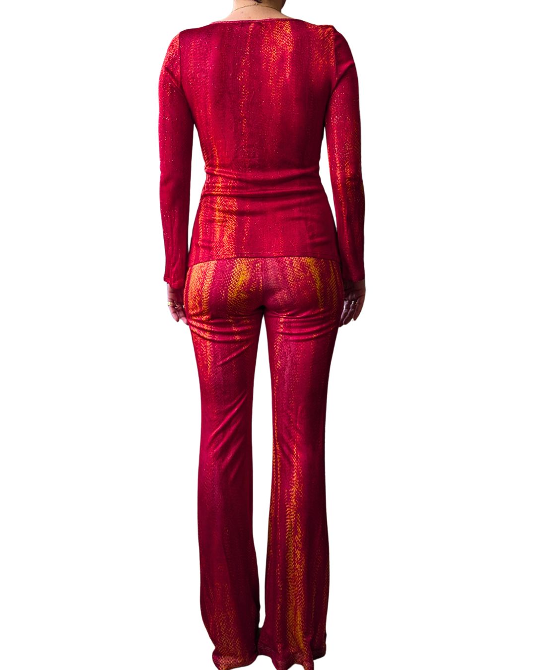 Roberto Cavalli Class Circa 2001 Fire Python Red & Orange Print Top & Trousers Set