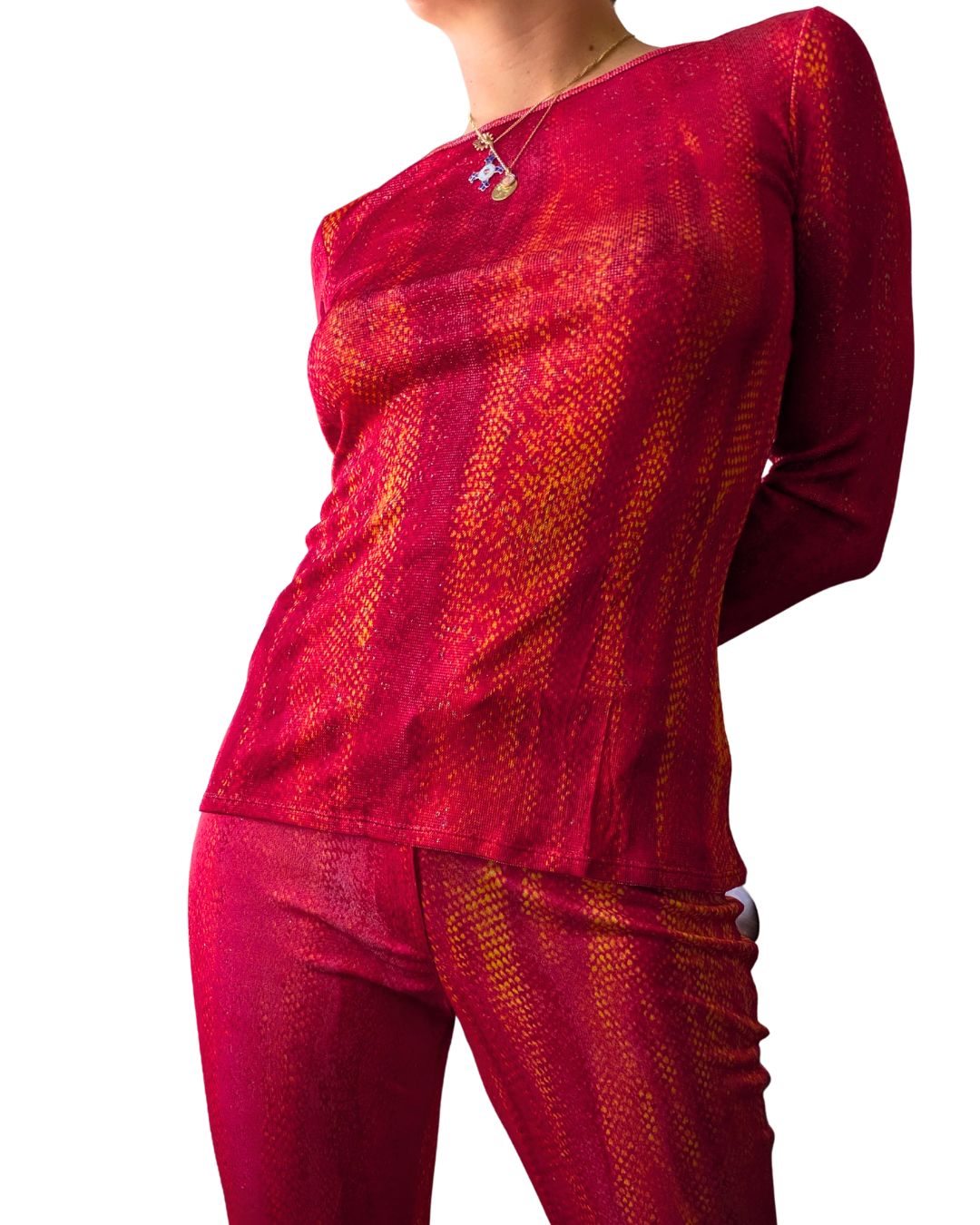 Roberto Cavalli Class Circa 2001 Fire Python Red & Orange Print Top & Trousers Set