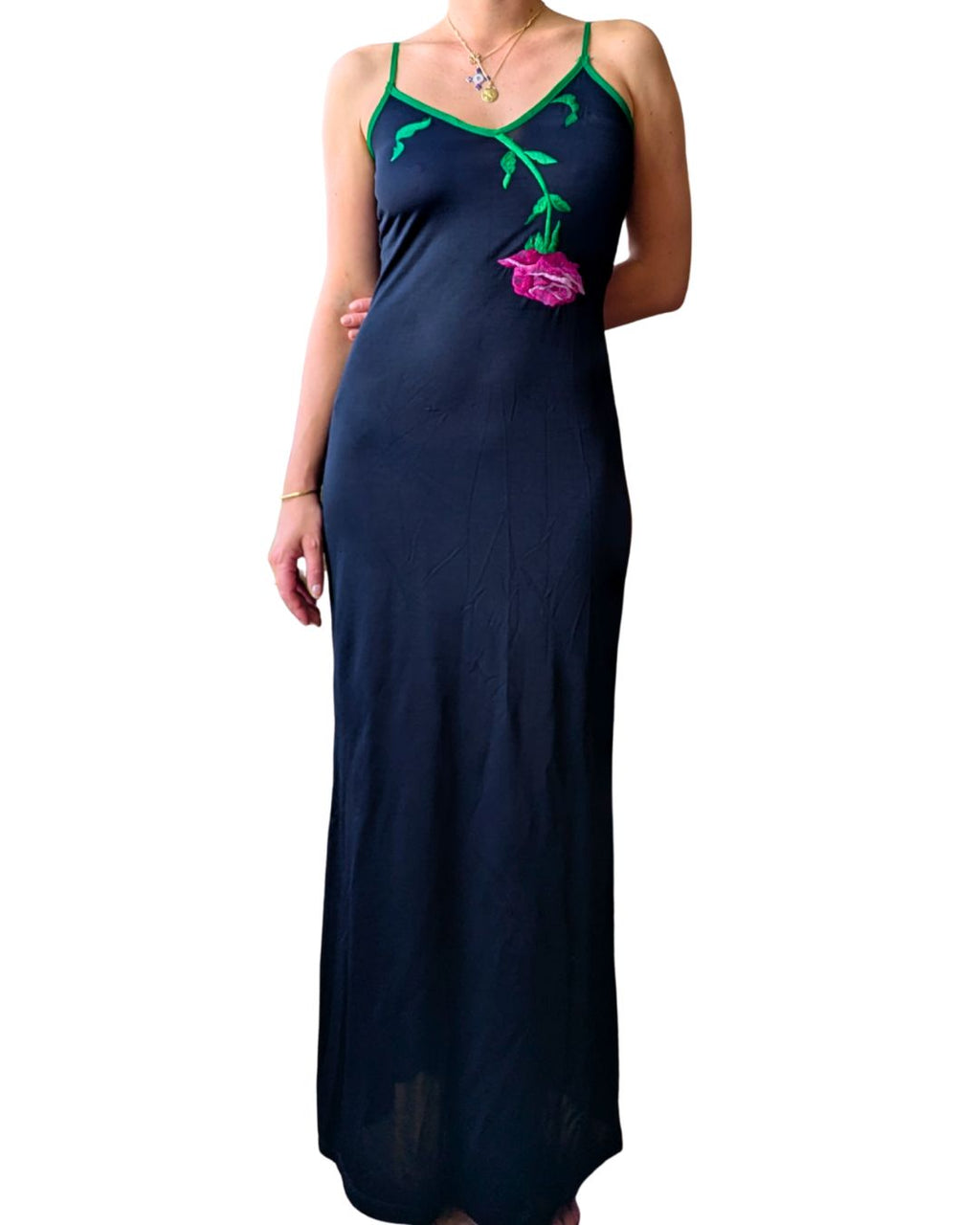 Gai Mattiolo Late 1990s Black Bodycon Maxi Dress — Embroidered Floral Bust