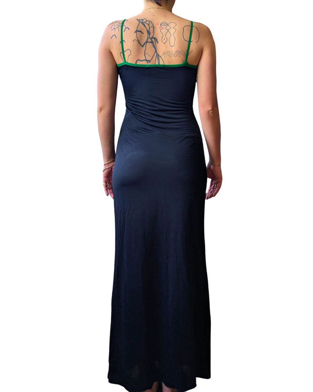 Gai Mattiolo Late 1990s Black Bodycon Maxi Dress — Embroidered Floral Bust