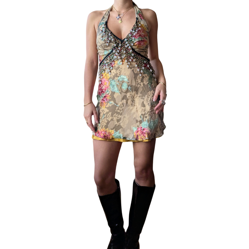 Tiziano Mazzilli Gypsy Couture 2000s Beaded Silk Halter Dress