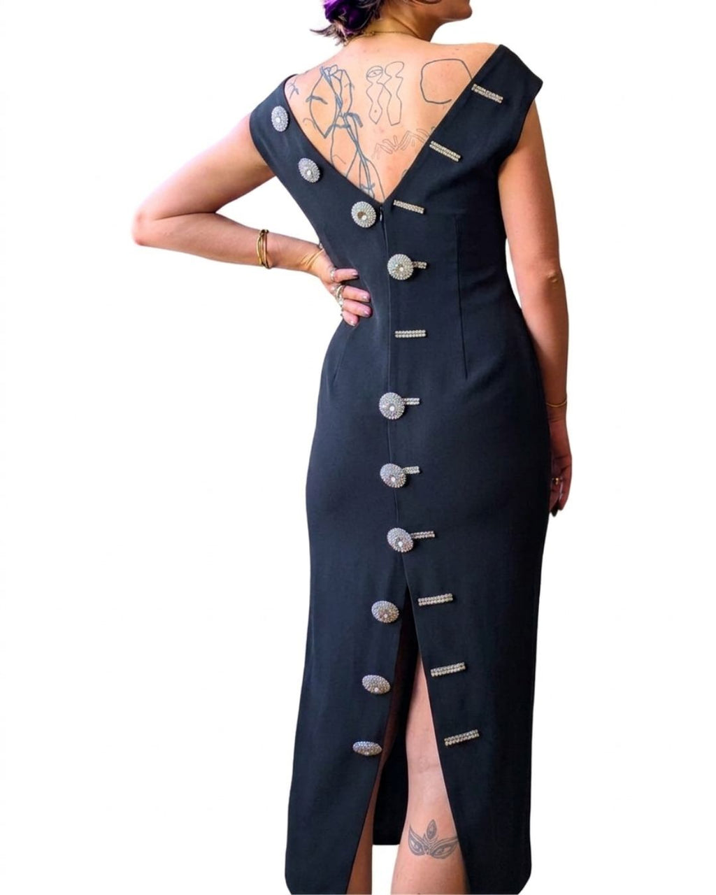 Gai Mattiolo Couture Late 1990s Black Crystal-Button Bodycon Midi Dress