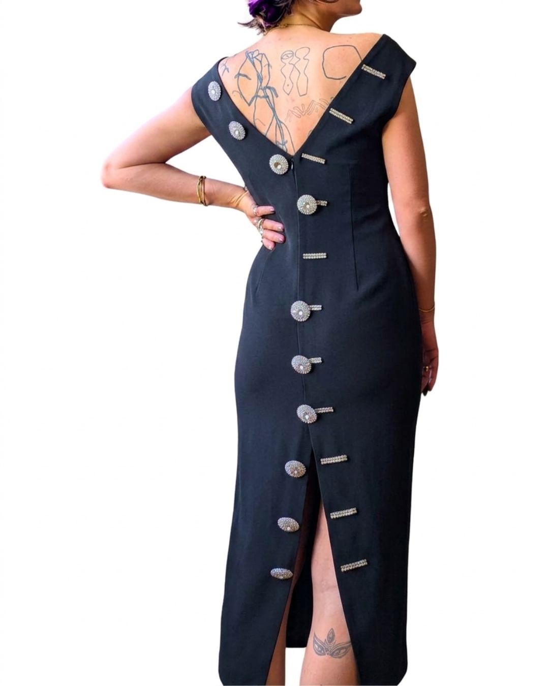 Gai Mattiolo Couture Late 1990s Black Crystal-Button Bodycon Midi Dress