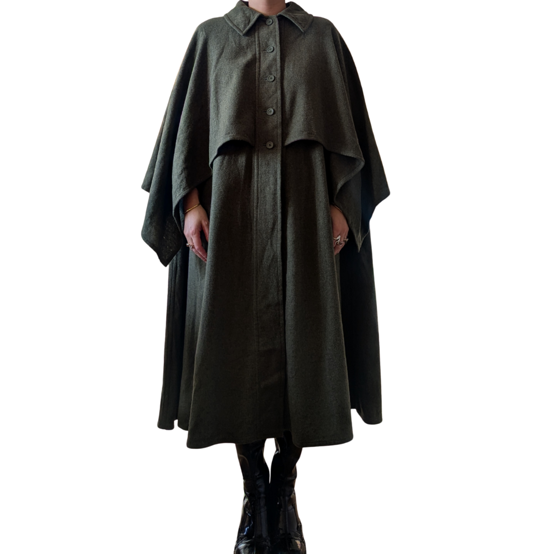 Lanvin Paris Circa 1981 Long Wool Cape — Muted Olive Green