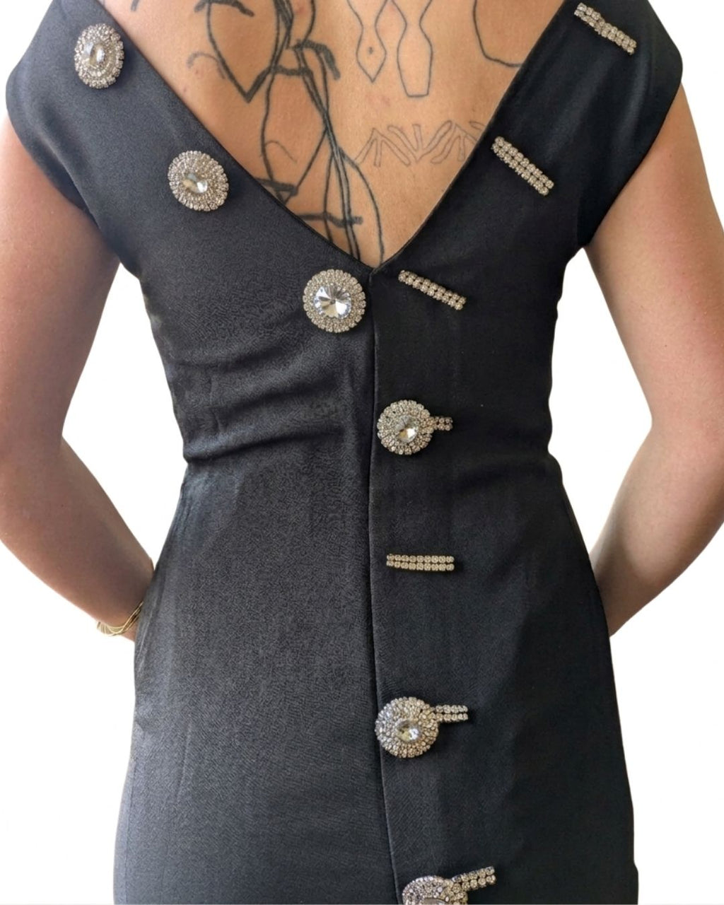 Gai Mattiolo Couture Late 1990s Black Crystal-Button Bodycon Midi Dress