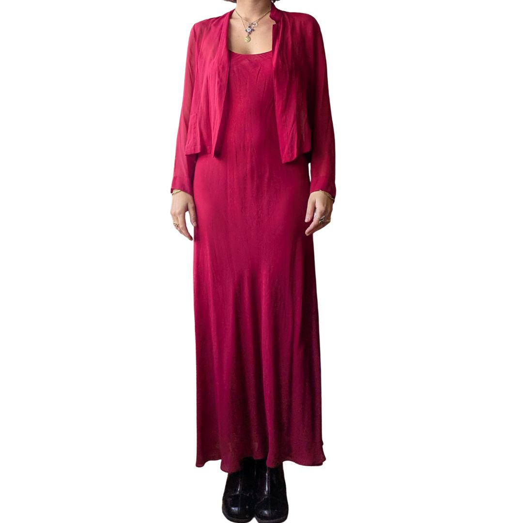 Renata Paris 1990s Red Chiffon Evening Set — Backless Gown & Jacket