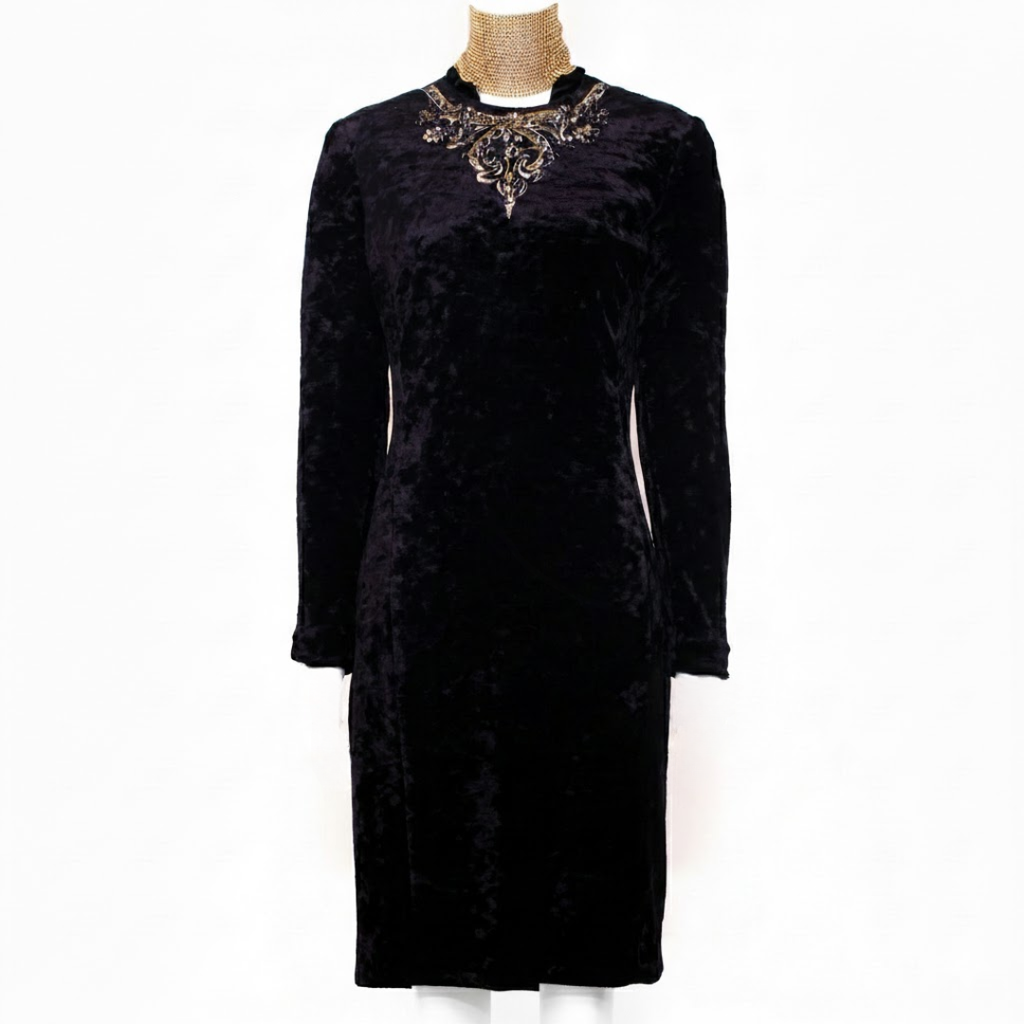 Gianfranco Ferré Early 1990s Black Velvet Dress — Baroque Embroidered Jewel Neck