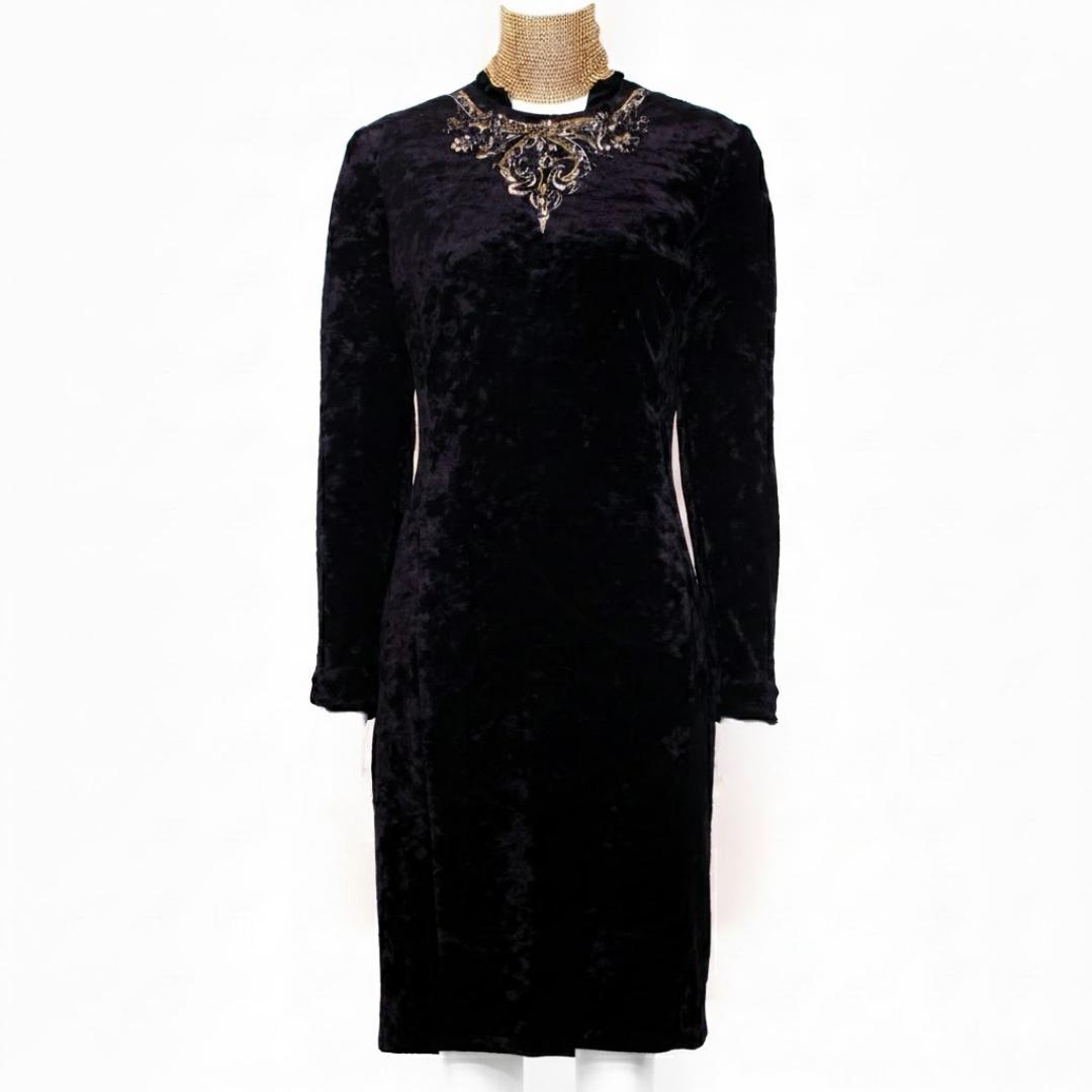 Gianfranco Ferré Early 1990s Black Velvet Dress — Baroque Embroidered Jewel Neck