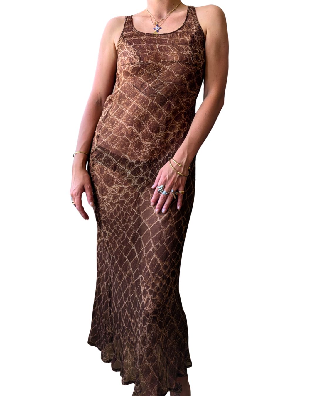 Lolita Lempicka Spring/Summer 1996 Runway Sheer Python Print Silk Maxi Dress