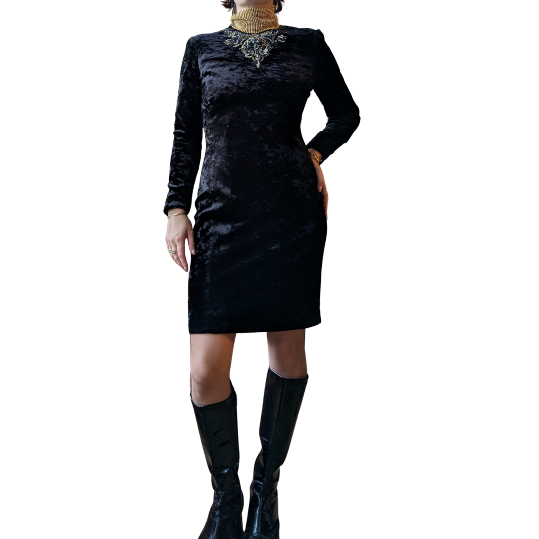 Gianfranco Ferré Early 1990s Black Velvet Dress — Baroque Embroidered Jewel Neck