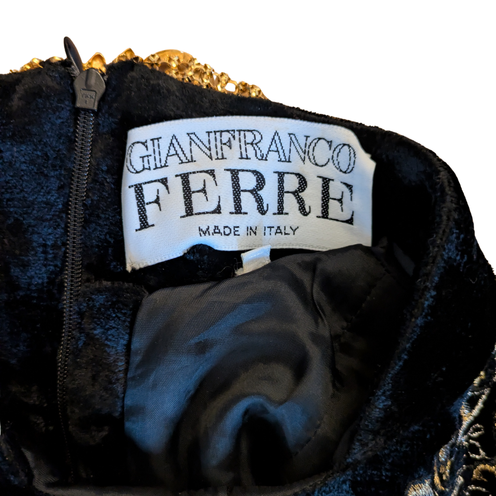 Gianfranco Ferré Early 1990s Black Velvet Dress — Baroque Embroidered Jewel Neck