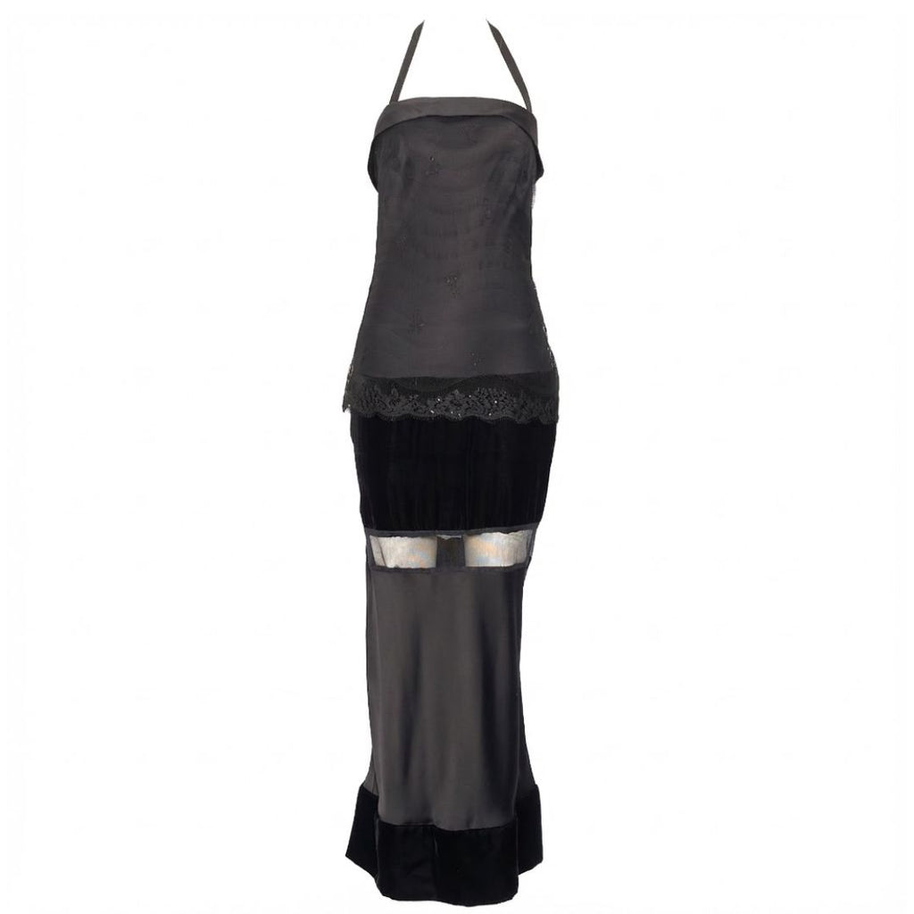 Dice Kayek 1990s Black Velvet Halter Evening Gown
