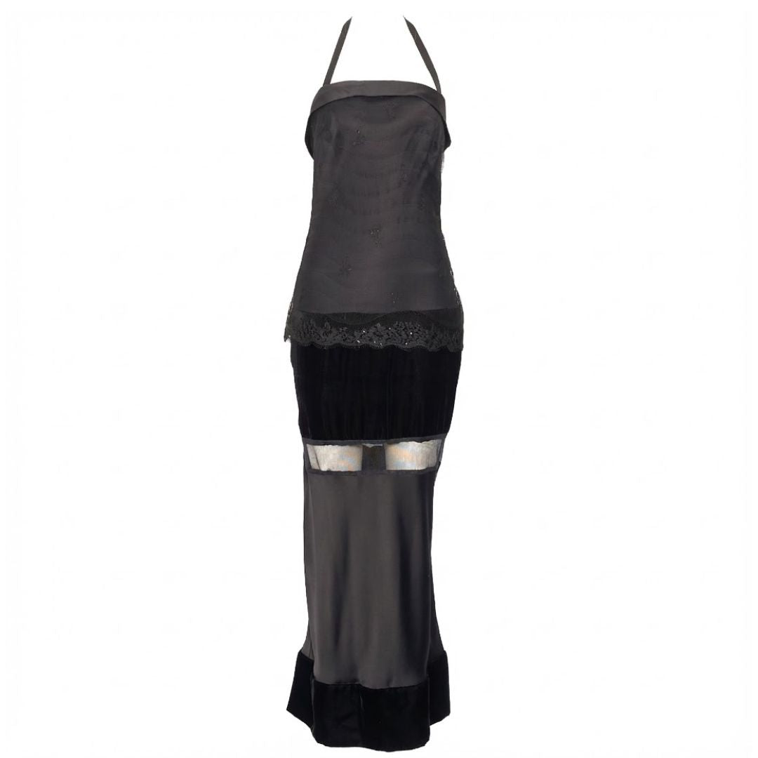 Dice Kayek 1990s Black Velvet Halter Evening Gown