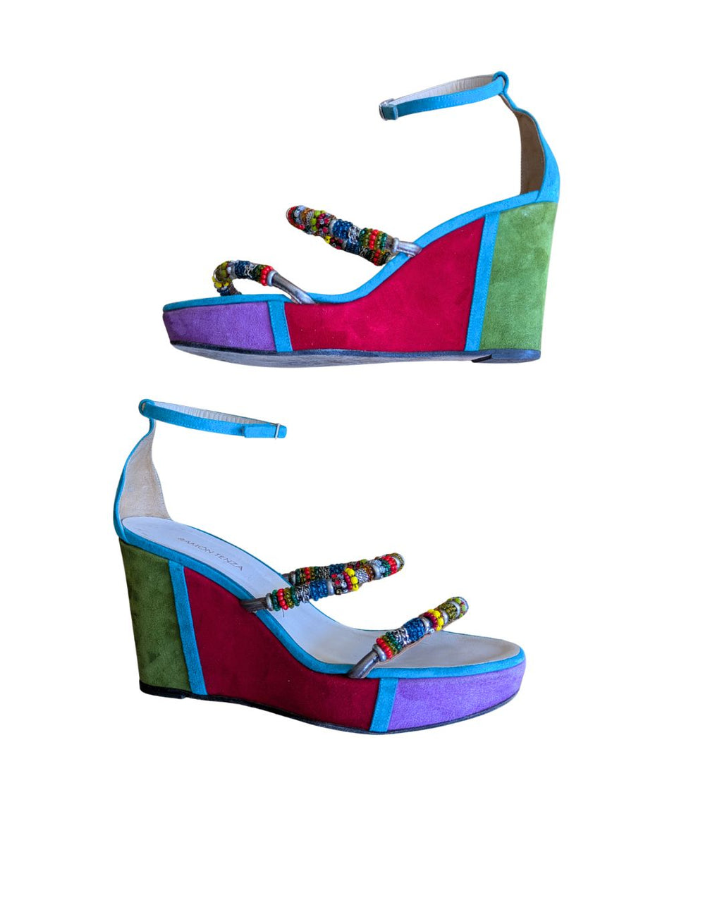 Ramon Tenza 2000s Color-Block Suede Wedges — Multicolored Beaded Straps