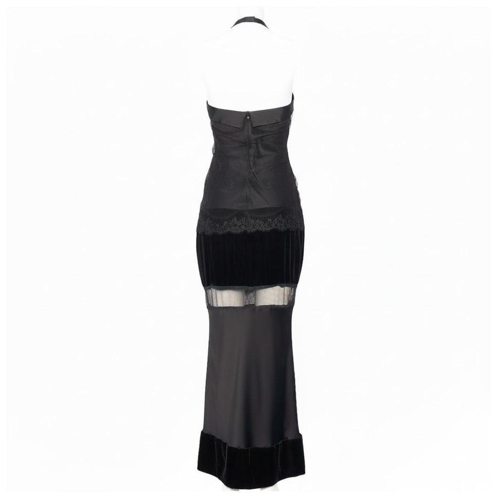 Dice Kayek 1990s Black Velvet Halter Evening Gown