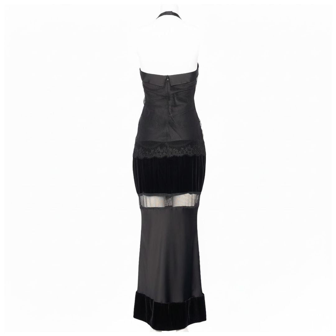 Dice Kayek 1990s Black Velvet Halter Evening Gown