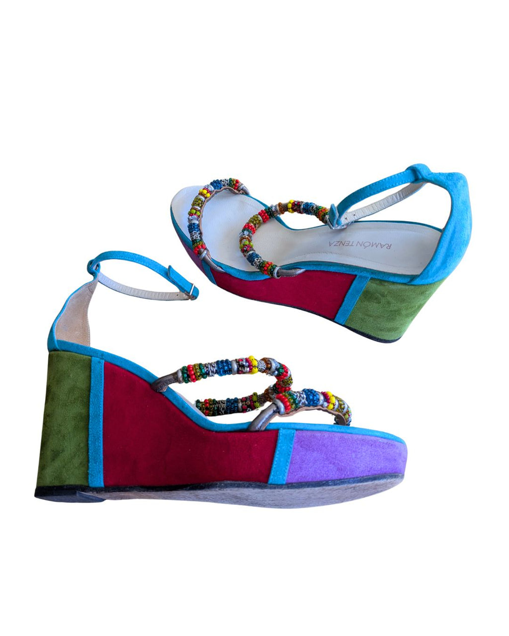 Ramon Tenza 2000s Color-Block Suede Wedges — Multicolored Beaded Straps