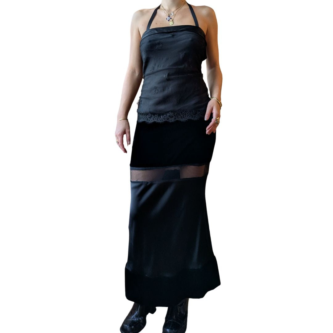 Dice Kayek 1990s Black Velvet Halter Evening Gown