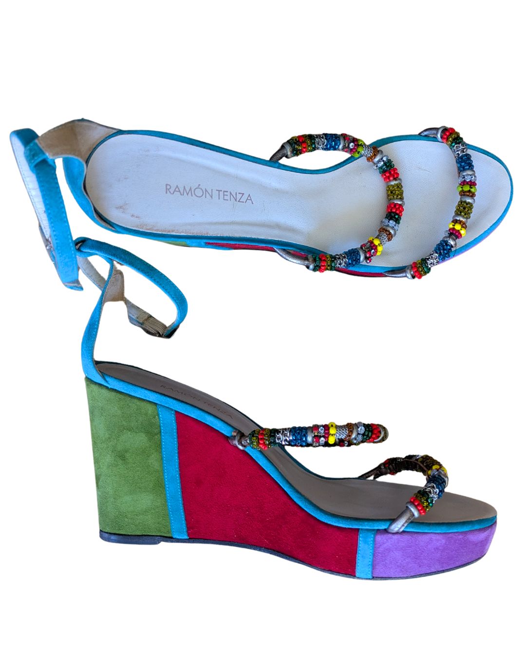 Ramon Tenza 2000s Color-Block Suede Wedges — Multicolored Beaded Straps