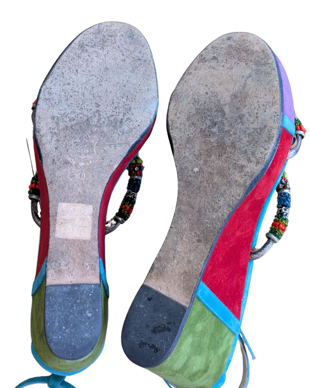 Ramon Tenza 2000s Color-Block Suede Wedges — Multicolored Beaded Straps