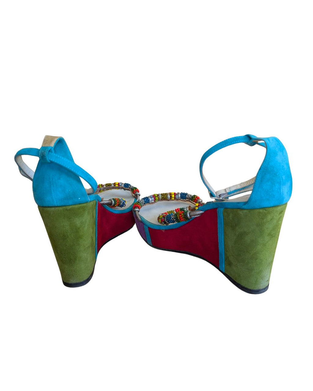 Ramon Tenza 2000s Color-Block Suede Wedges — Multicolored Beaded Straps