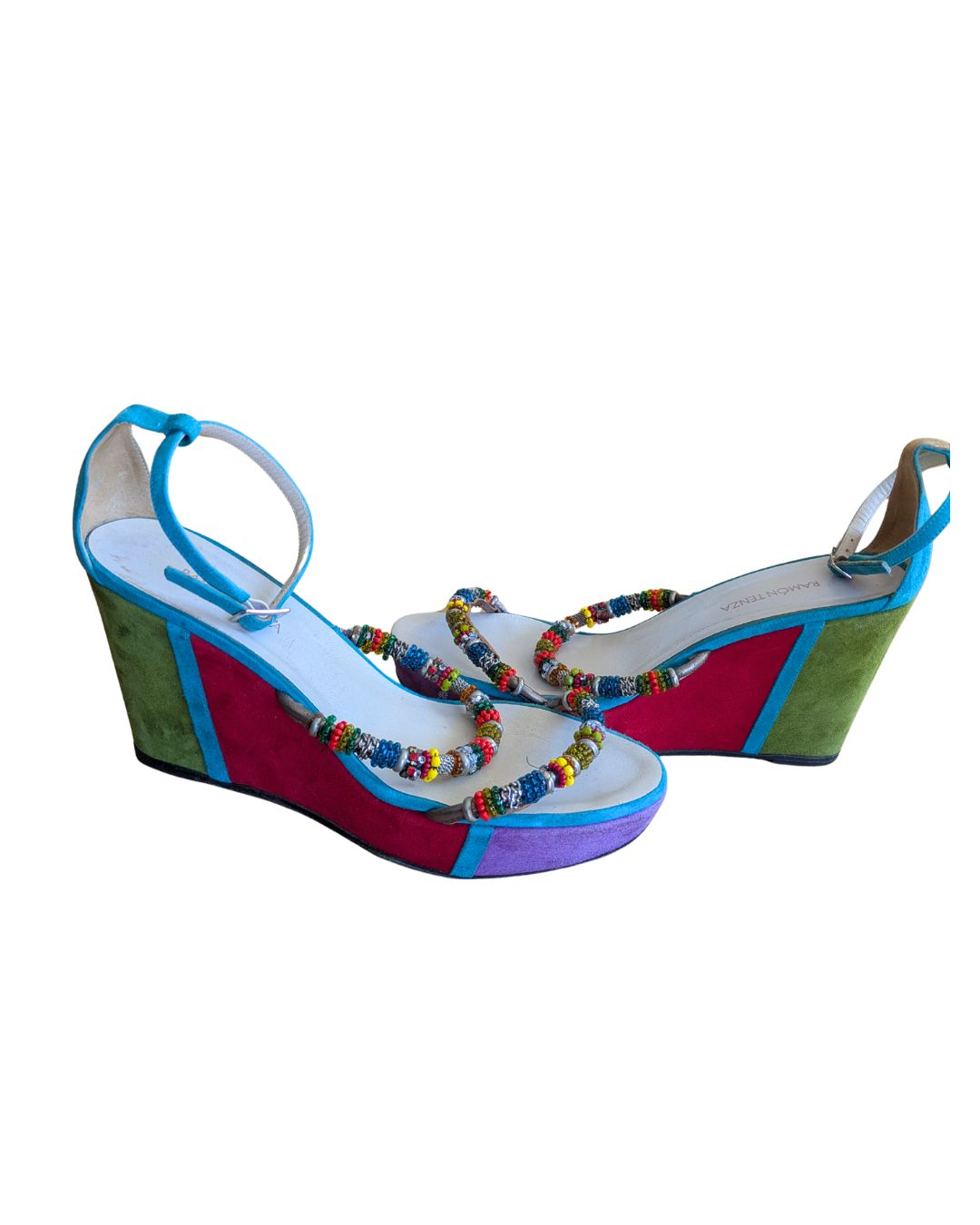 Ramon Tenza 2000s Color-Block Suede Wedges — Multicolored Beaded Straps