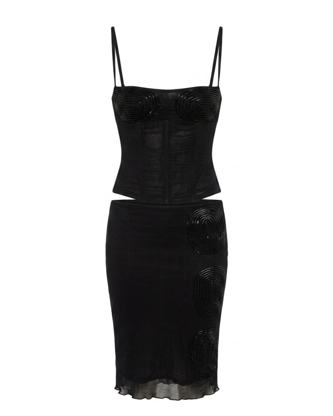 Mila Schön Concept 1998-2002 Black Bustier & Skirt Set — Iconic Oval Embroidery