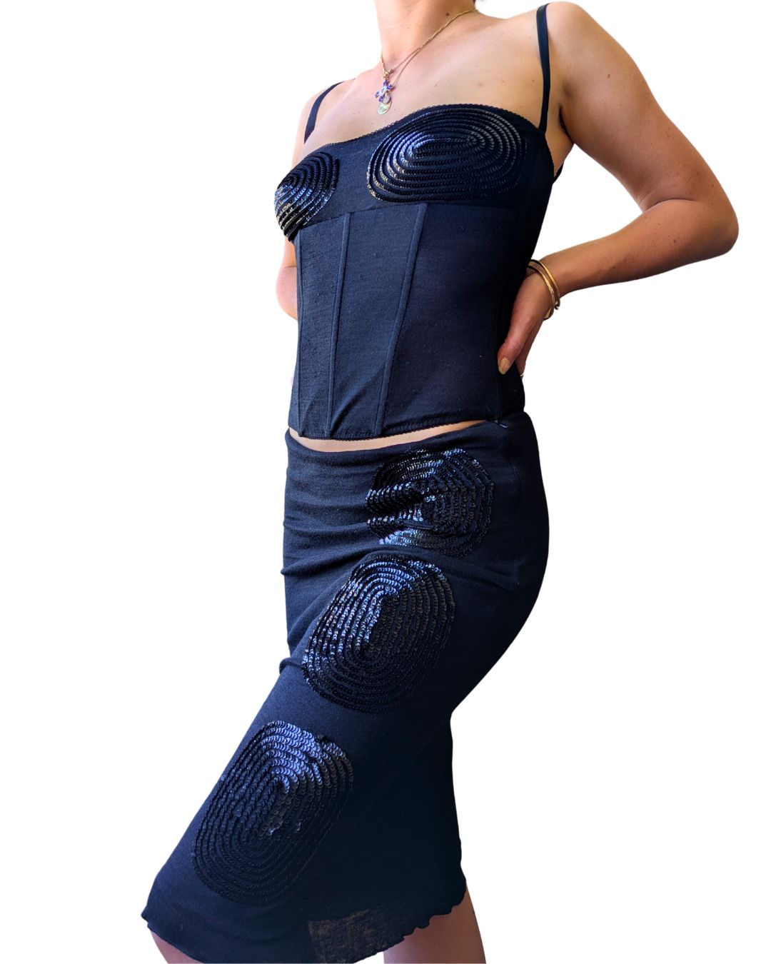Mila Schön Concept 1998-2002 Black Bustier & Skirt Set — Iconic Oval Embroidery