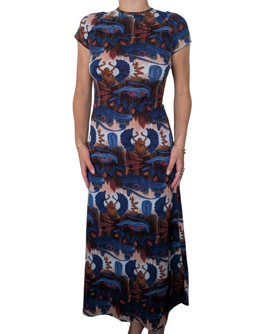 Jean Paul Gaultier Jeans Spring/Summer 1997 Egyptian Print Mesh Midi Dress