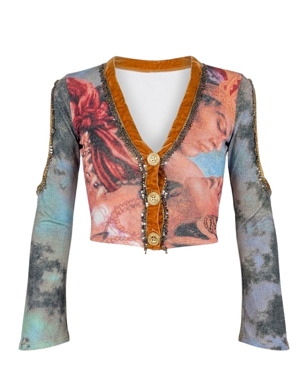Voyage Passion 2000s Baroque Print Crop Cardigan — Velvet Trim & Metallic Embroidery