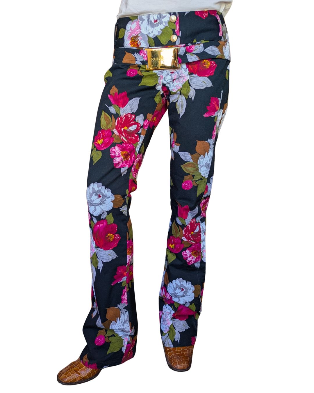 Dolce & Gabbana Spring/Summer 2004 Floral Print Low-Rise Pants — Gold Buckle