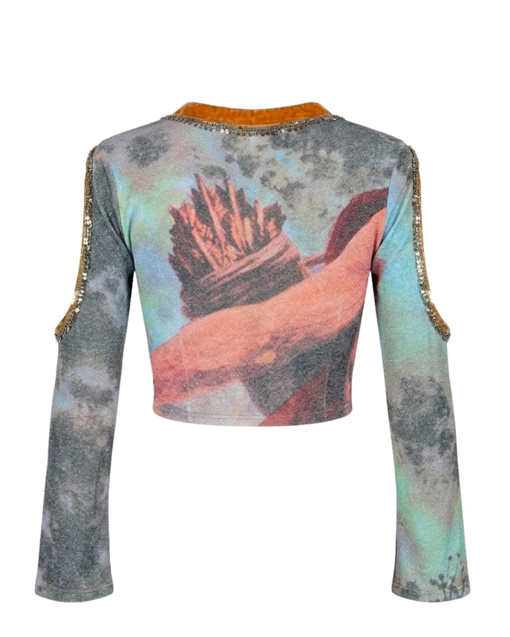 Voyage Passion 2000s Baroque Print Crop Cardigan — Velvet Trim & Metallic Embroidery