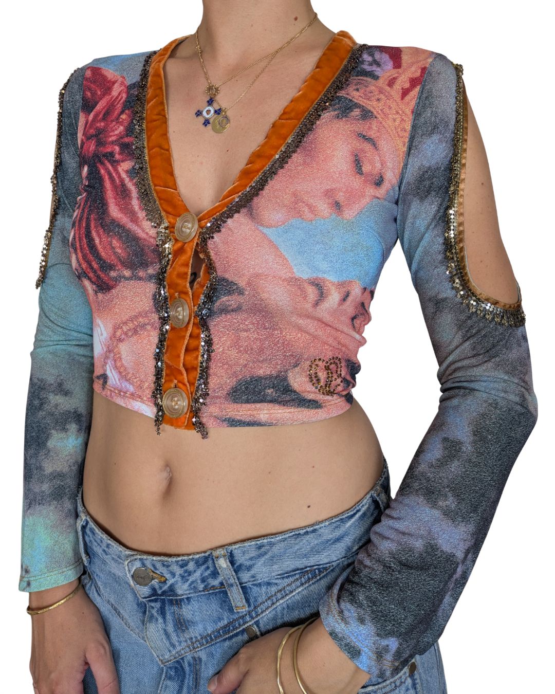 Voyage Passion 2000s Baroque Print Crop Cardigan — Velvet Trim & Metallic Embroidery