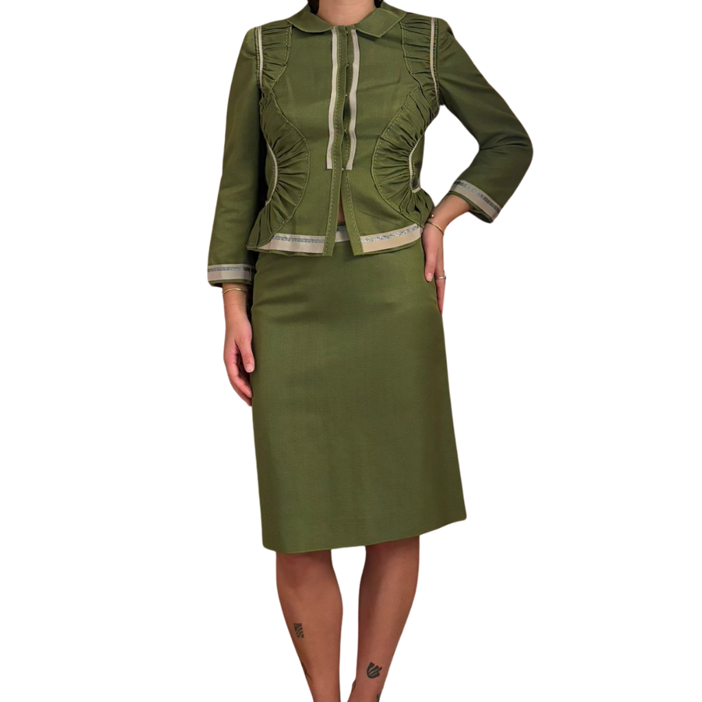 Alberta Ferretti Spring/Summer 2006 Runway Olive Green Cotton & Silk Skirt Suit