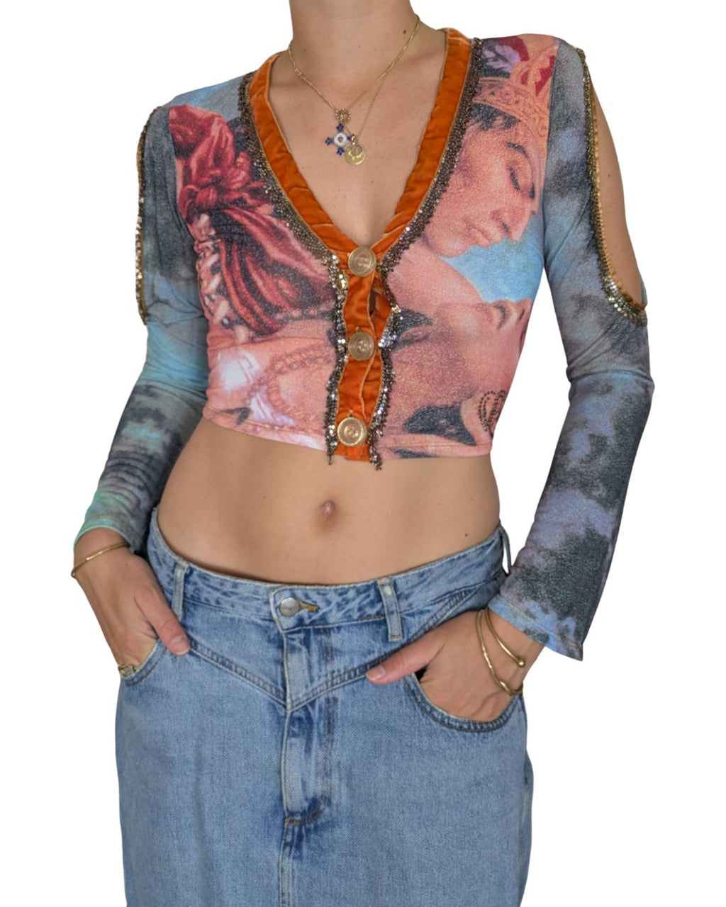 Voyage Passion 2000s Baroque Print Crop Cardigan — Velvet Trim & Metallic Embroidery