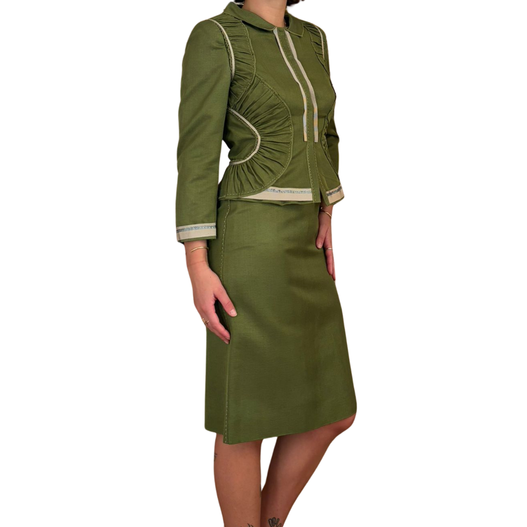Alberta Ferretti Spring/Summer 2006 Runway Olive Green Cotton & Silk Skirt Suit