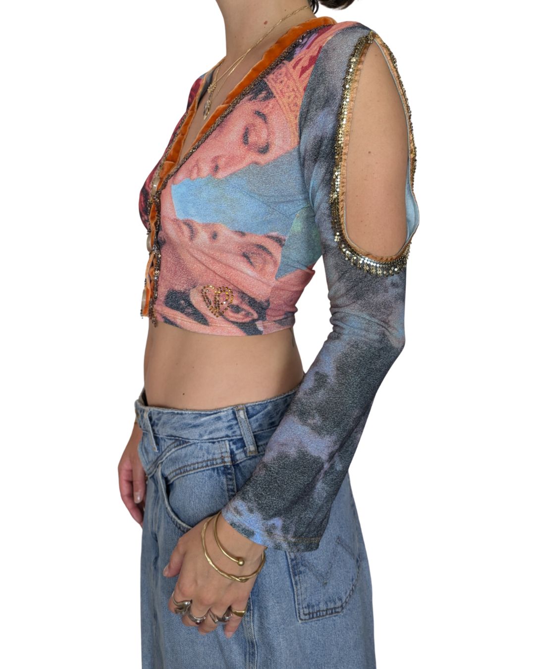 Voyage Passion 2000s Baroque Print Crop Cardigan — Velvet Trim & Metallic Embroidery