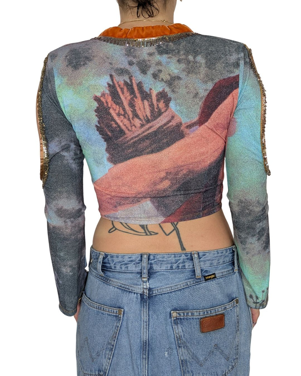Voyage Passion 2000s Baroque Print Crop Cardigan — Velvet Trim & Metallic Embroidery