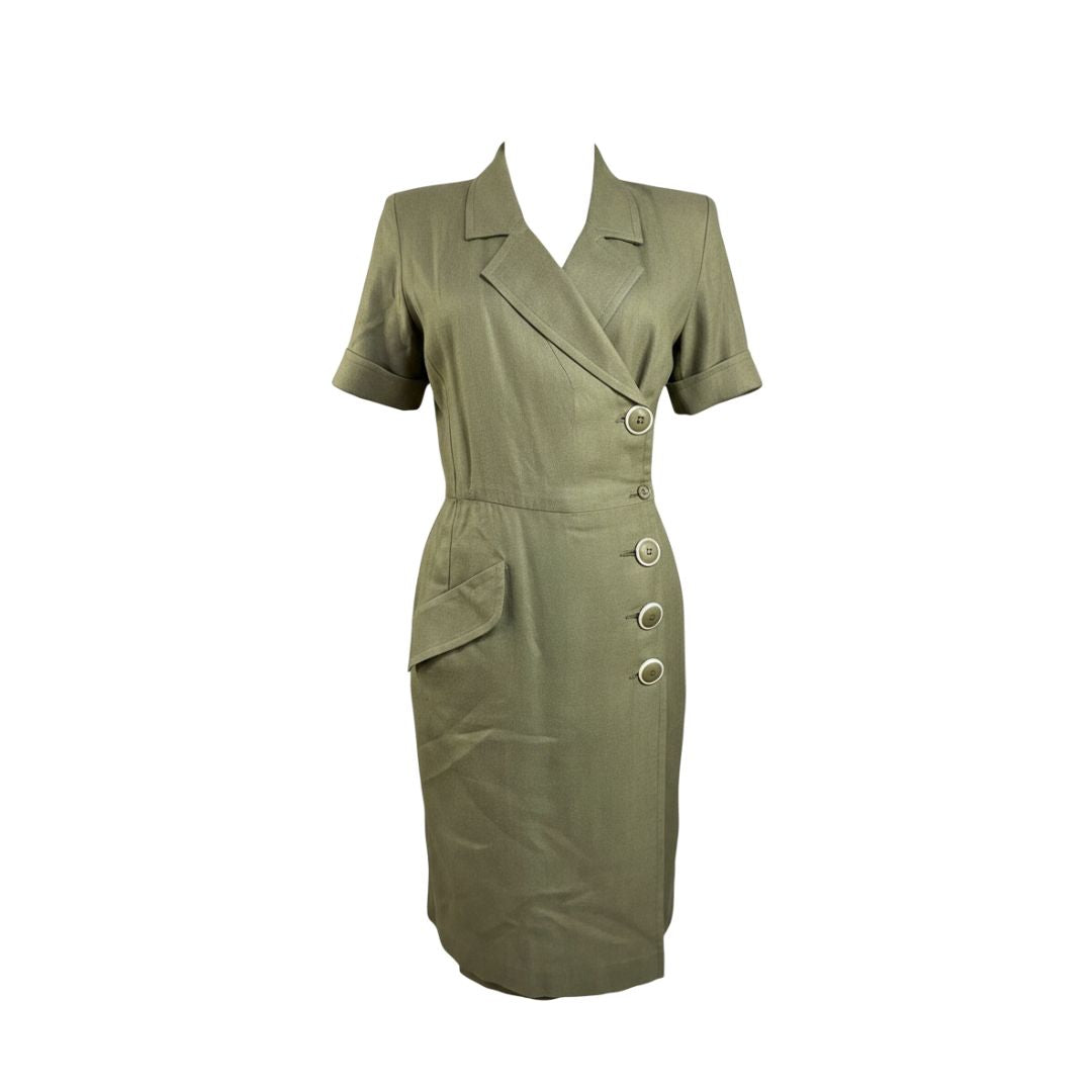 Yves Saint Laurent Variation 1980s Khaki Safari-Style Midi Dress