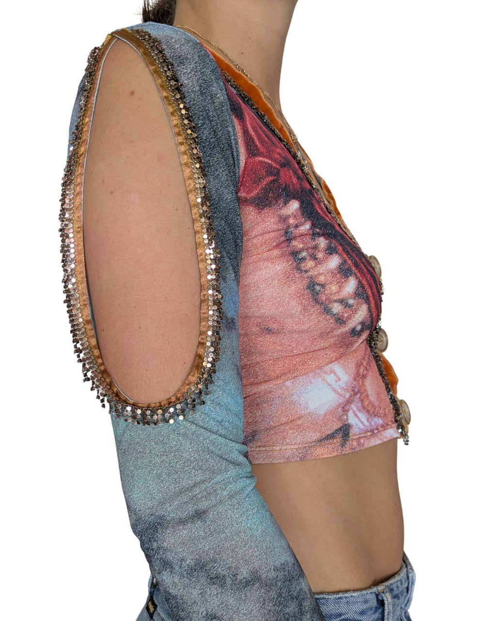 Voyage Passion 2000s Baroque Print Crop Cardigan — Velvet Trim & Metallic Embroidery