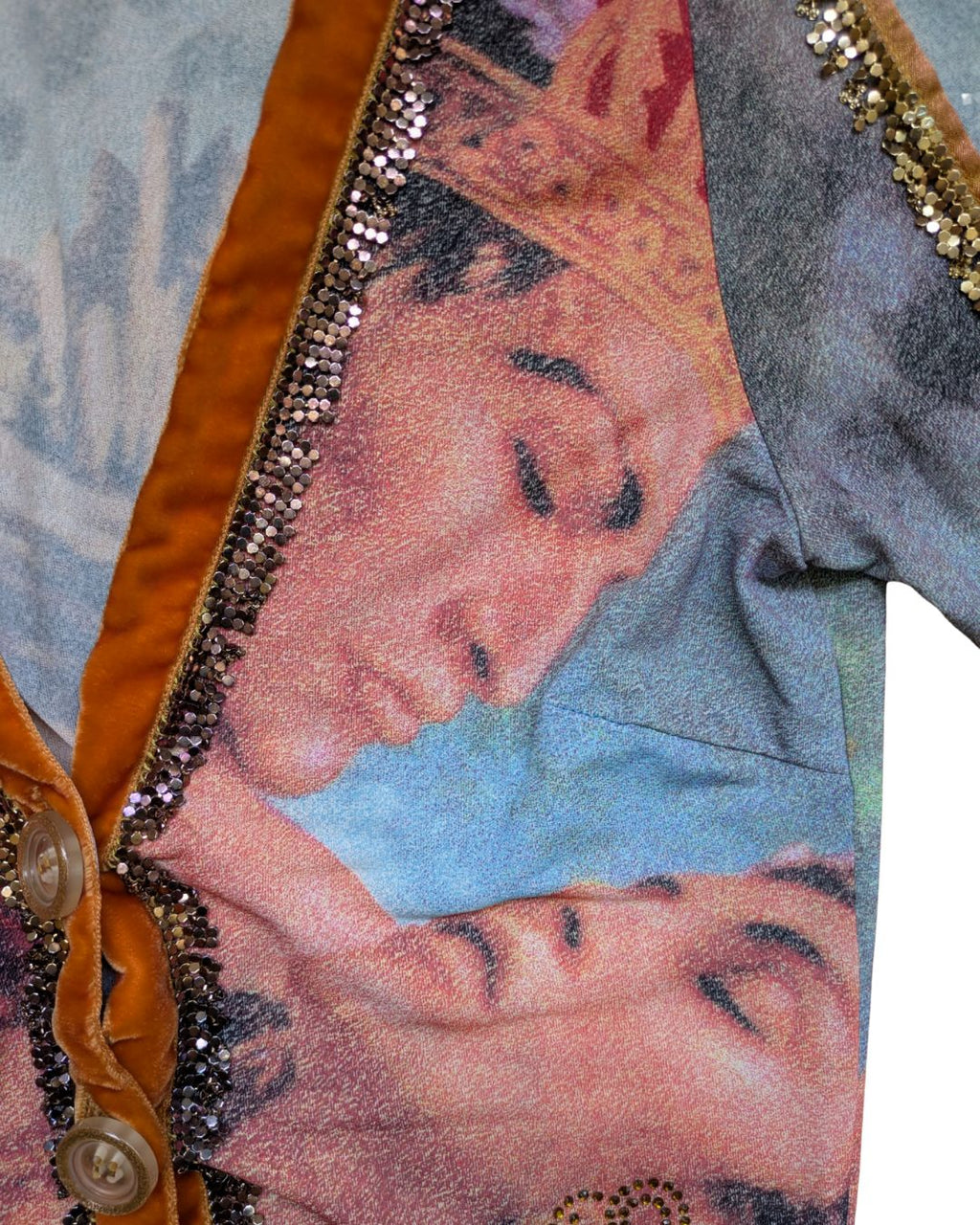 Voyage Passion 2000s Baroque Print Crop Cardigan — Velvet Trim & Metallic Embroidery