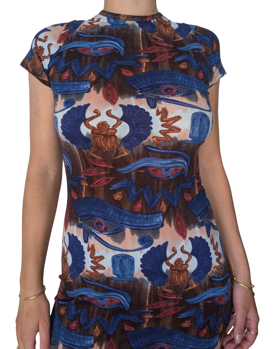 Jean Paul Gaultier Jeans Spring/Summer 1997 Egyptian Print Mesh Midi Dress