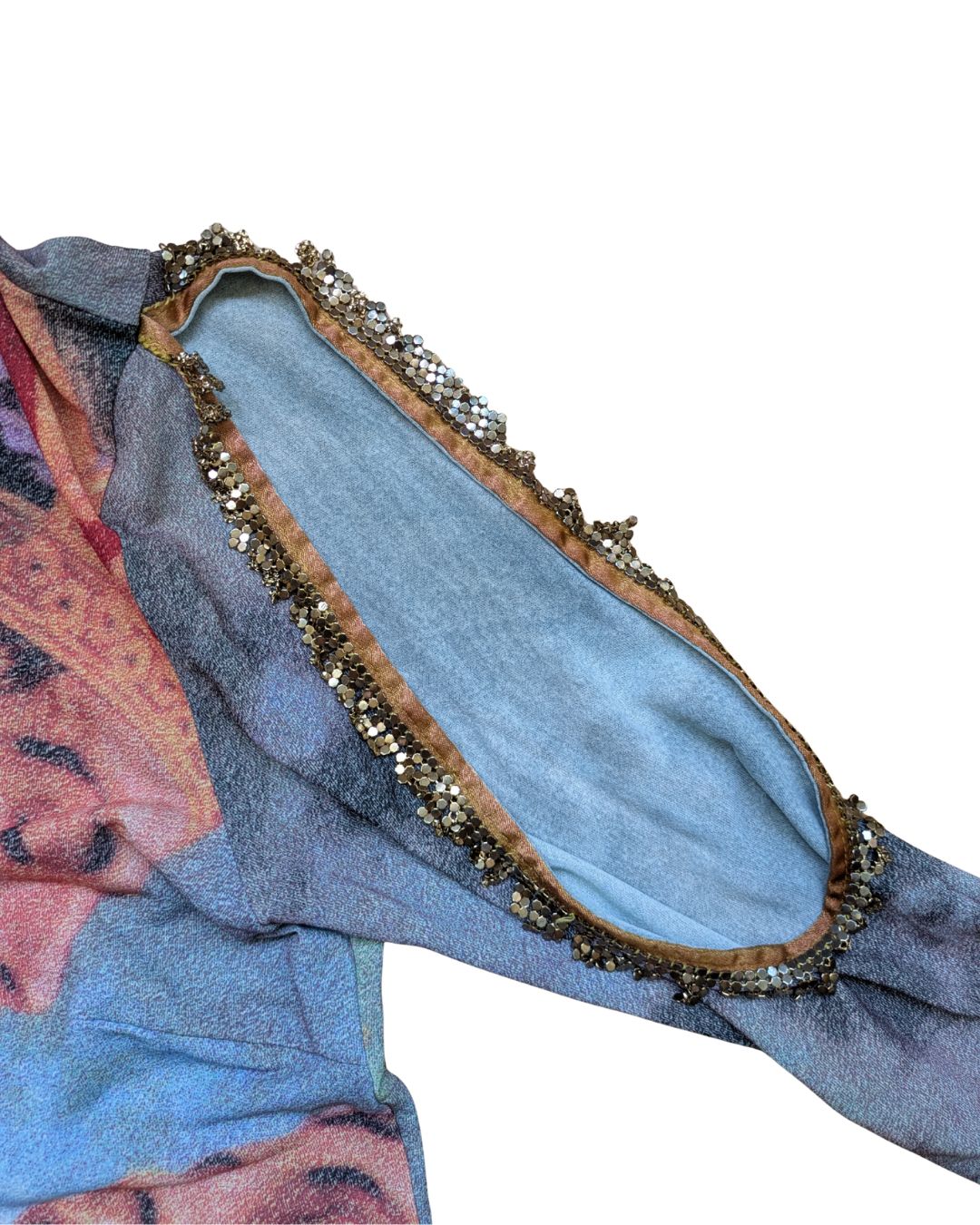 Voyage Passion 2000s Baroque Print Crop Cardigan — Velvet Trim & Metallic Embroidery