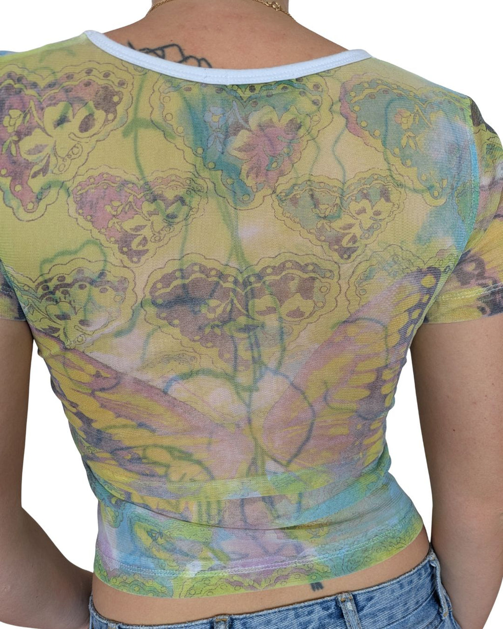 Roberto Cavalli Circa 2000-2002 Butterfly Print Mesh Crop Top — Signed