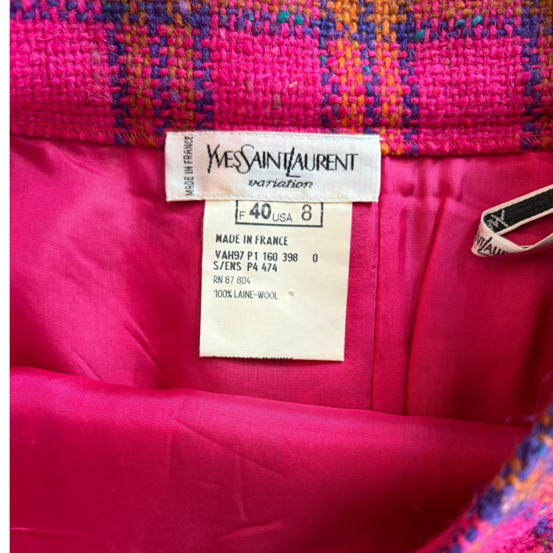 Yves Saint Laurent Variation Fall/Winter 1997 Fuchsia Plaid Wool Skirt Suit