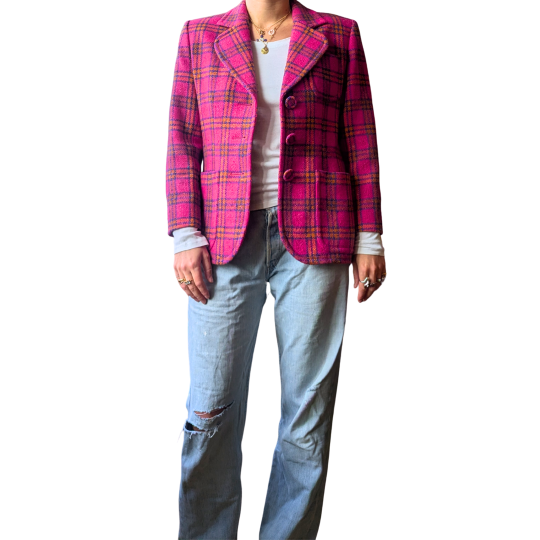 Yves Saint Laurent Variation Fall/Winter 1997 Fuchsia Plaid Wool Skirt Suit
