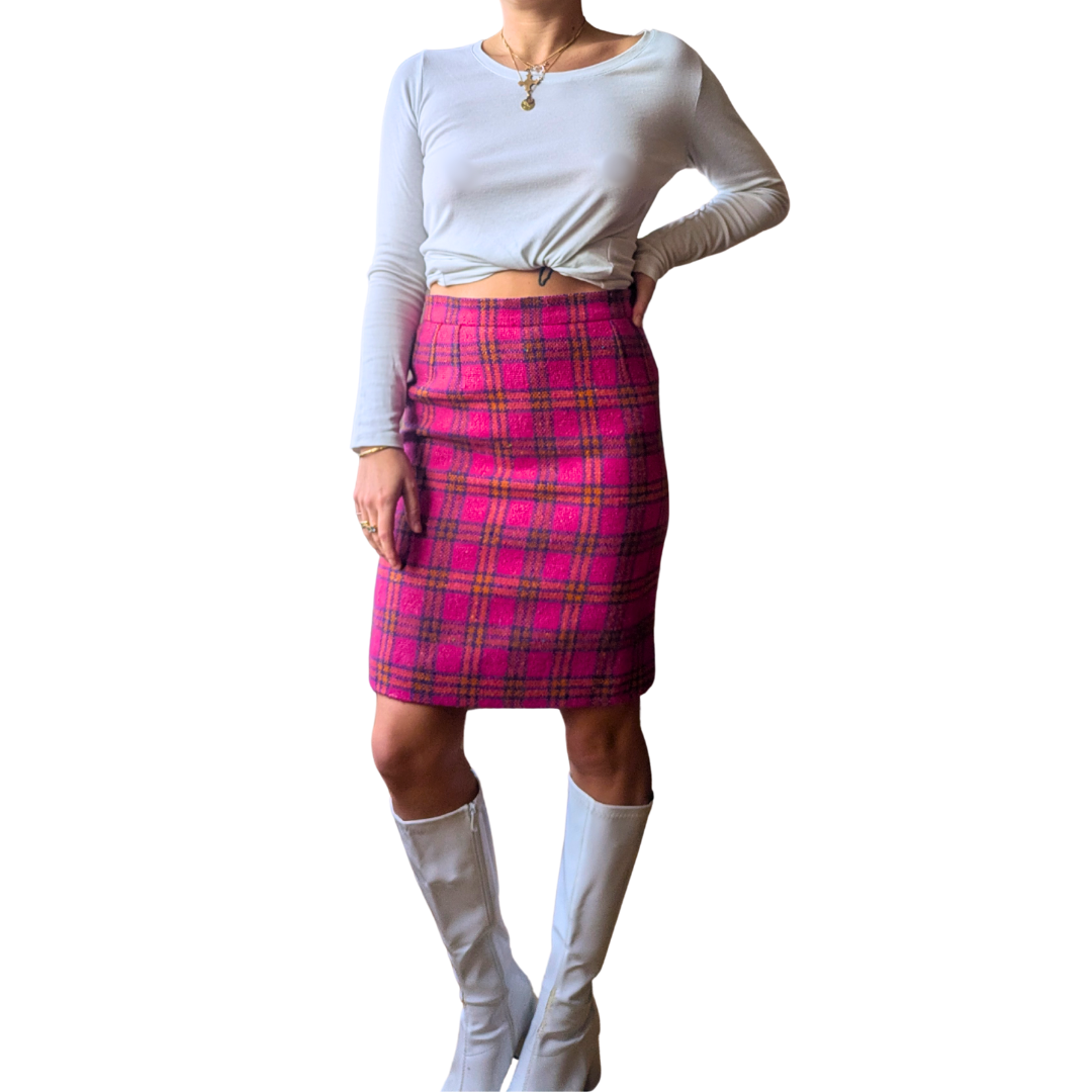 Yves Saint Laurent Variation Fall/Winter 1997 Fuchsia Plaid Wool Skirt Suit